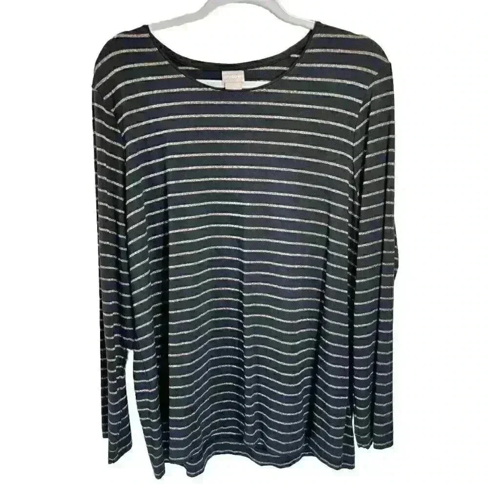 Chicos Top Sz 3/XL Black Gold Metallic Stripe Long-Sleeve Round Neck Layering